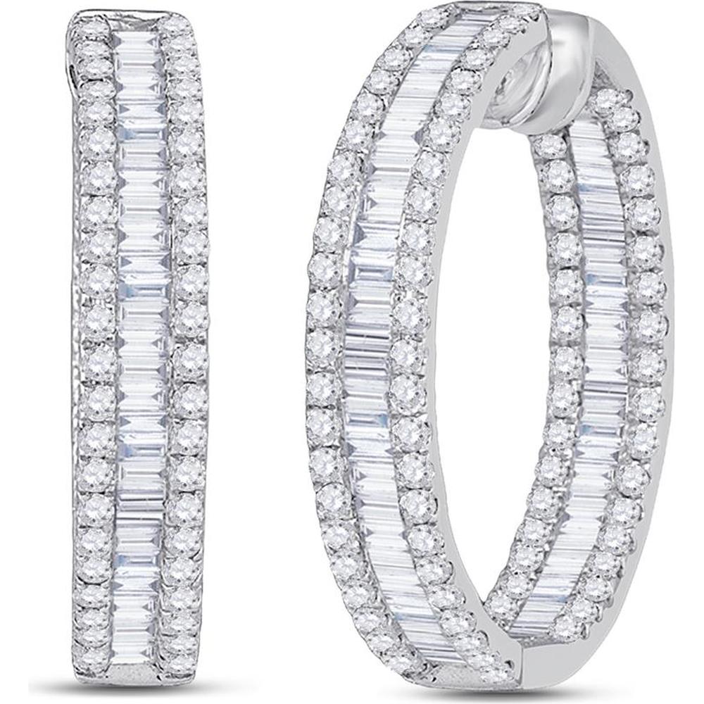 14K White Gold Baguette and Round Diamond Inside-Outside Hoop Earrings - 3.5 Carat Total Diamond Weight
