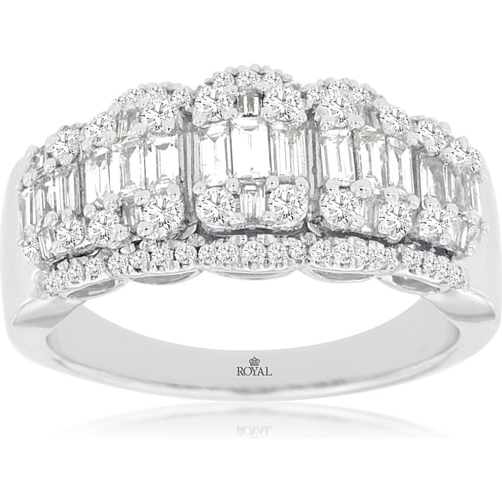 14K White Gold Baguette and Round Diamond Wedding Band with Micro Pavé Border - 0.98 Carat Total Diamond Weight - Royal Jewelry