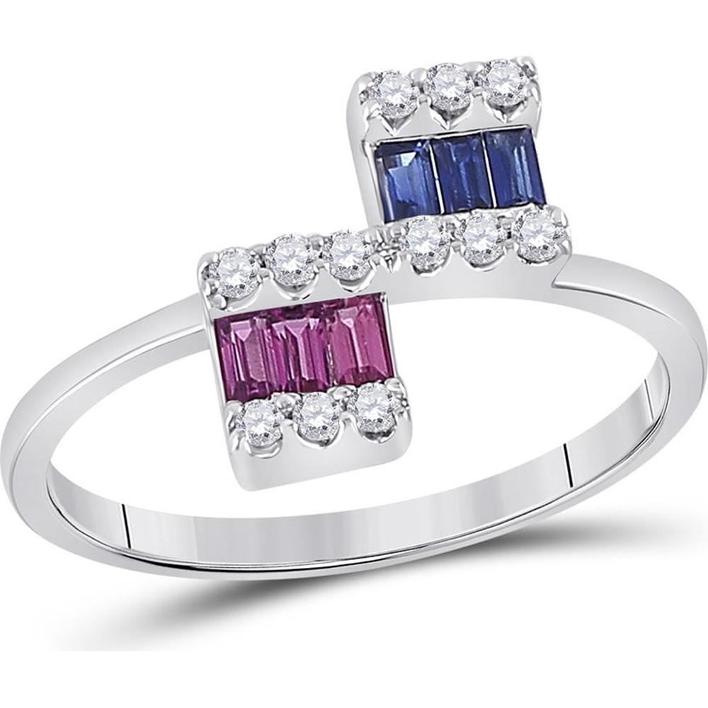 14K White Gold Baguette Blue Sapphire & Pink Sapphire Ring with Round Diamonds - 1/2 Carat Total Gemstone Weight