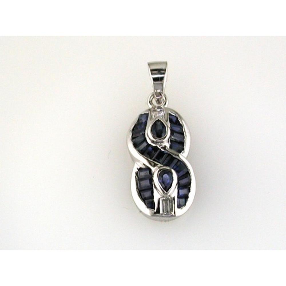 14K White Gold Baguette Sapphire & Diamond Pendant - 1.25 Carat Sapphire, 0.06 Carat Diamond - Royal Jewelry