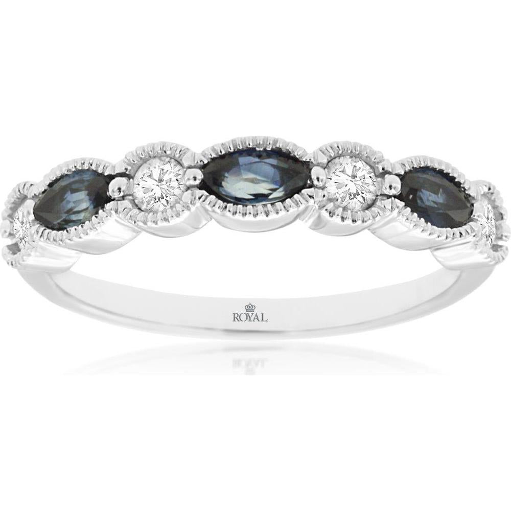 14K White Gold Band Ring with Alternating Marquise Sapphires and Round Diamonds - 0.40 Carat Total Sapphire Weight and 0.24 Carat Total Diamond Weight - Royal Jewelry
