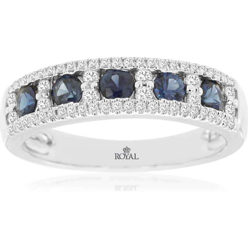14K White Gold Band Ring with Alternating Round Blue Sapphires and Diamond Accents - 0.75 Carat Total Sapphire Weight & 0.30 Carat Total Diamond Weight - Royal Jewelry