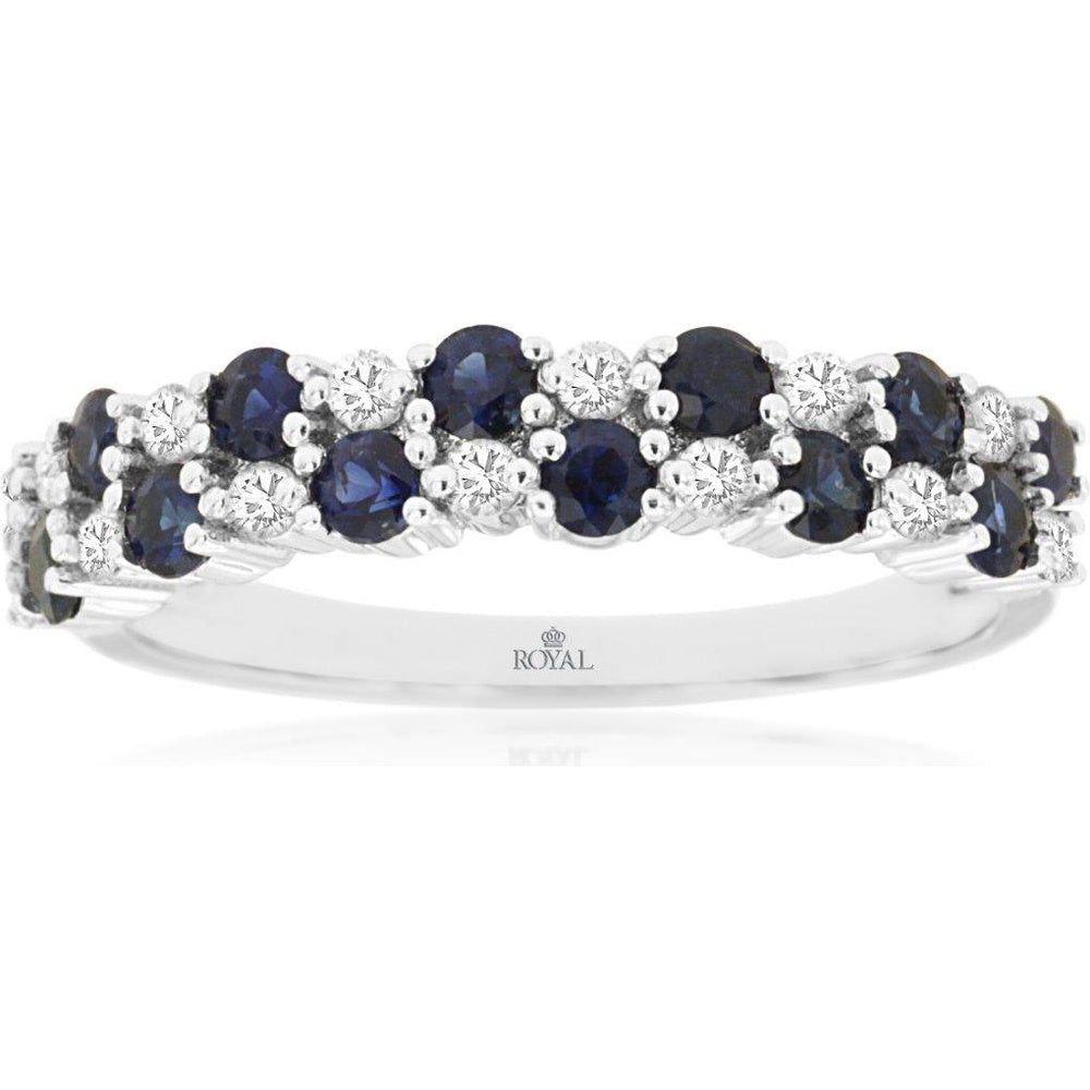 14K White Gold Band Ring with Alternating Round Sapphires and Diamond Accents - 1.00 Carat Total Sapphire Weight and 0.20 Carat Total Diamond Weight - Royal Jewelry