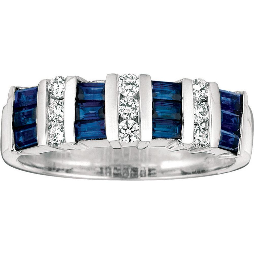 14K White Gold Band Ring with Baguette Cut Sapphires and Round Diamonds - 1.00 Carat Total Sapphire Weight and 0.24 Carat Total Diamond Weight - Royal Jewelry