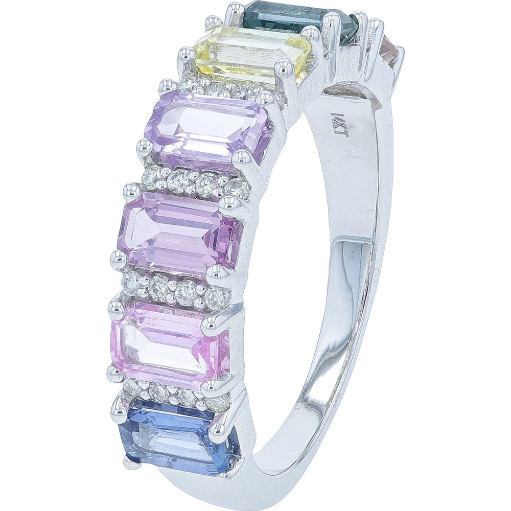 14K White Gold Band Ring with Emerald-Cut Multi Sapphires and Round Diamond Accents - 2.25 Carat Total Sapphire Weight