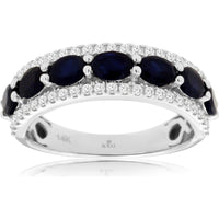 14K White Gold Band Ring with Milgrain-Edged Oval Sapphires and Round Diamonds - 1.40 Carat Sapphire and 0.33 Carat Diamond Total Weight - Royal Jewelry