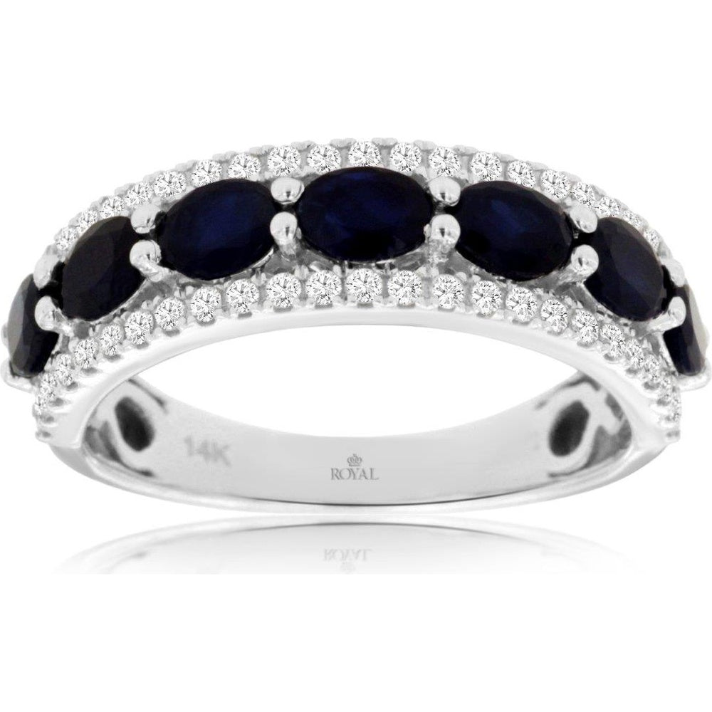 14K White Gold Band Ring with Milgrain-Edged Oval Sapphires and Round Diamonds - 1.40 Carat Sapphire and 0.33 Carat Diamond Total Weight - Royal Jewelry