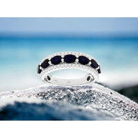 14K White Gold Band Ring with Milgrain-Edged Oval Sapphires and Round Diamonds - 1.40 Carat Sapphire and 0.33 Carat Diamond Total Weight - Royal Jewelry