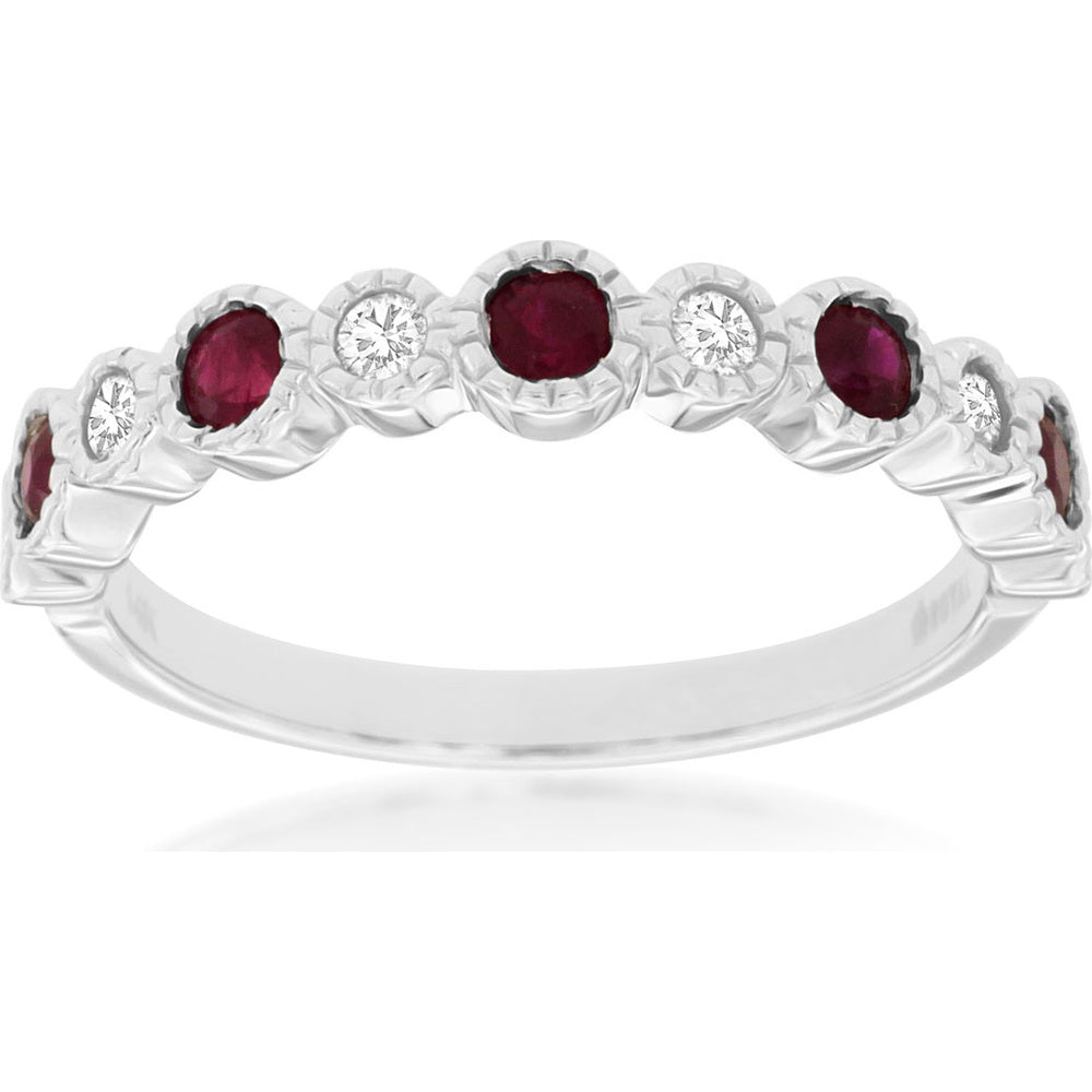 14K White Gold Band Ring with Round Rubies and Round Diamond Accents - 0.40 Carat Total Ruby Weight and 0.16 Carat Total Diamond Weight - Royal Jewelry