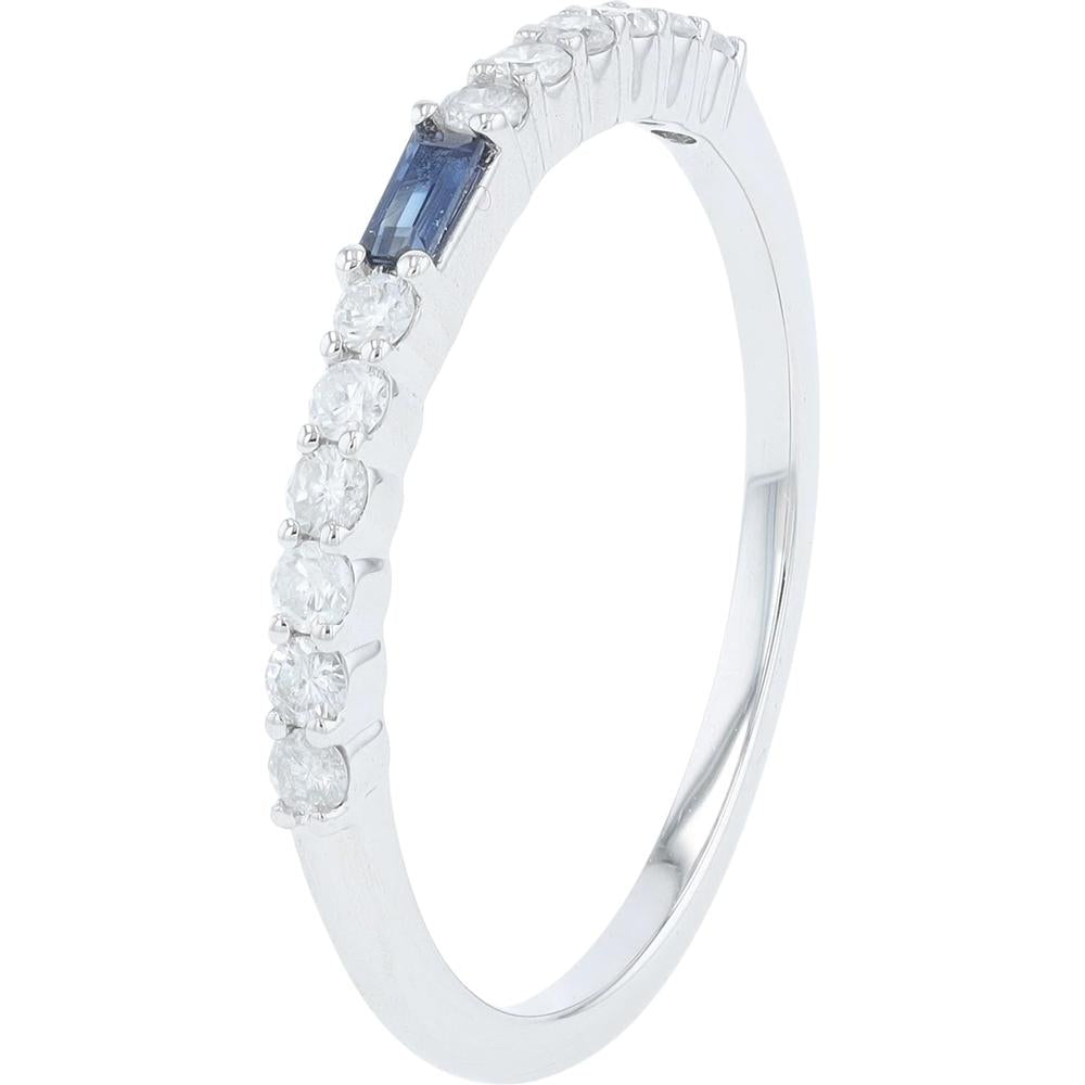 14K White Gold Band with 0.07 Carats Baguette Sapphire and 0.22 Carats Round Diamonds