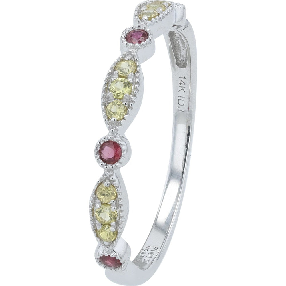 14K White Gold Band with Alternating Milgrain-Set Round Yellow Sapphires and Round Rubies - 0.15 Carat Total Yellow Sapphire Weight and 0.09 Carat Total Ruby Weight
