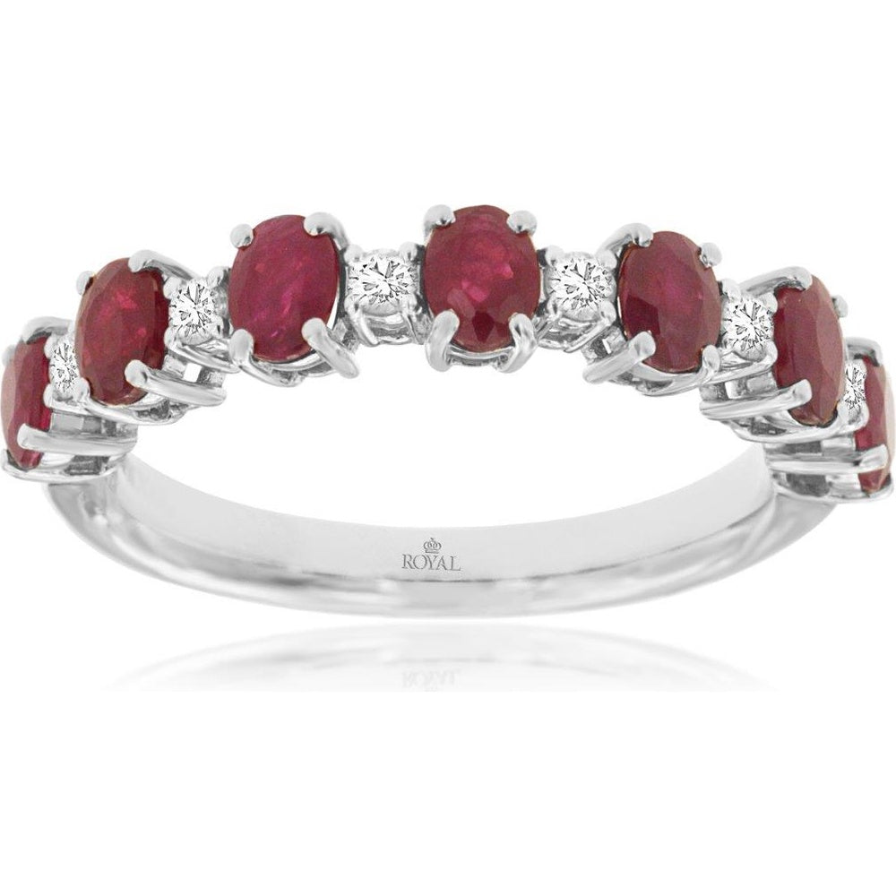 14K White Gold Band with Alternating Oval Rubies and Round Diamonds - 1.50 Carat Total Ruby Weight and 0.16 Carat Total Diamond Weight - Royal Jewelry