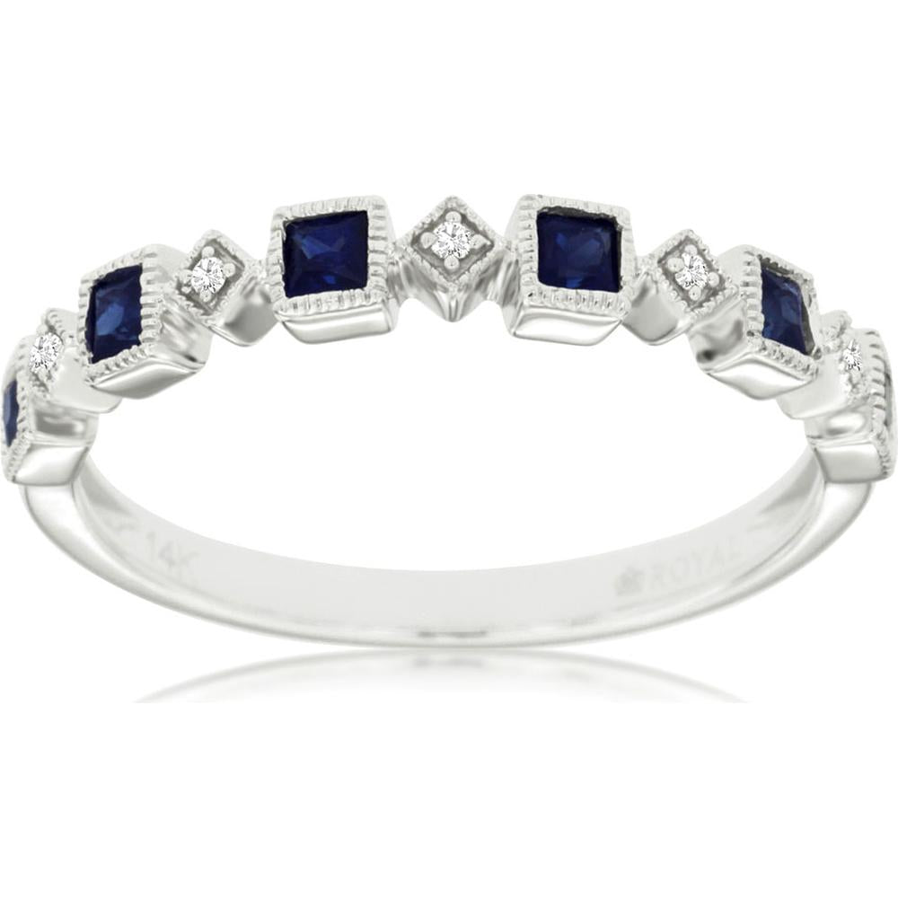 14K White Gold Band with Alternating Princess Cut Sapphires and Round Diamond Accents - 0.40 Carat Total Sapphire Weight - Royal Jewelry