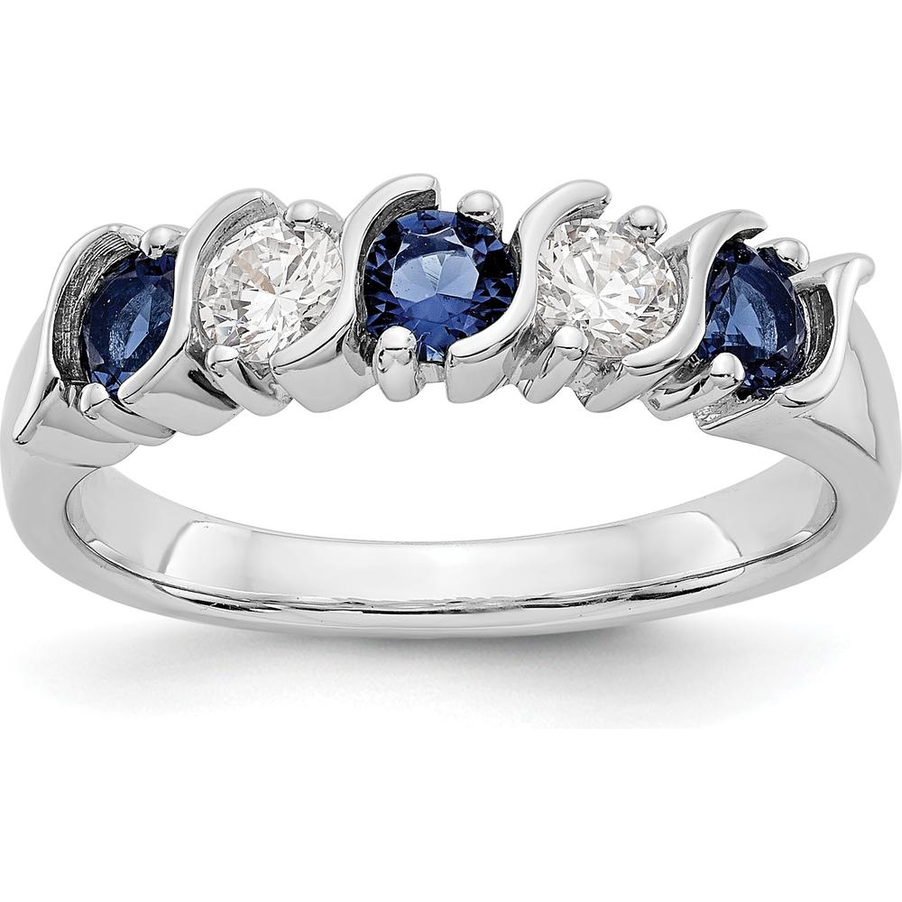 14K White Gold Band with Alternating Round Diamonds and Blue Sapphires - 0.31 Carat Total Diamond Weight & 0.46 Carat Total Sapphire Weight by 0