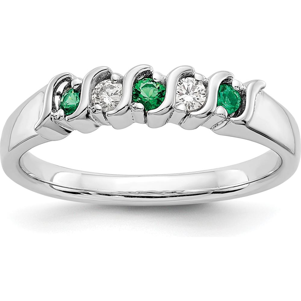 14K White Gold Band with Alternating Round Diamonds and Emeralds - 0.09 Carat Total Gemstone Weight by 0