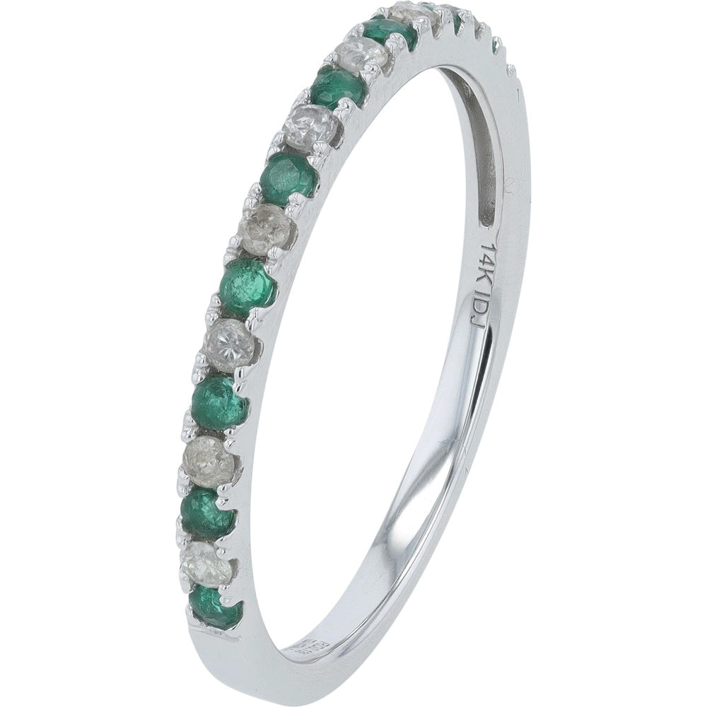 14K White Gold Band with Alternating Round Emerald and Diamond Stones - 0.15 Carat Total Diamond Weight and 0.15 Carat - 0.20 Carat Total Emerald Weight