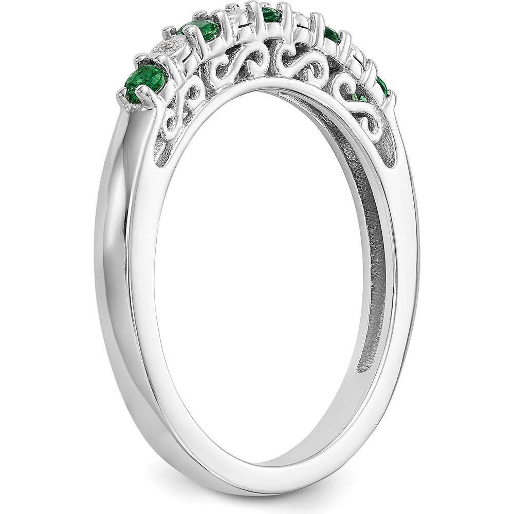 14K White Gold Band with Alternating Round Emeralds (0.05ct) and Diamonds (0.03ct) by 0