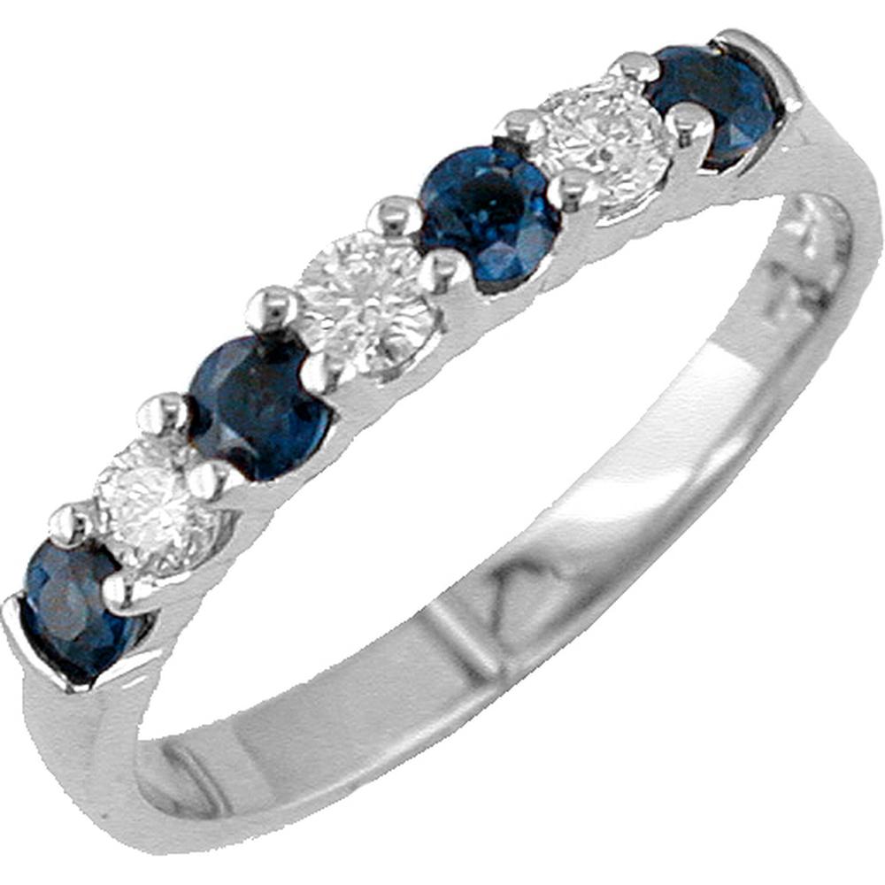 14K White Gold Band with Alternating Round Sapphires and Round Diamonds - 0.40 Carat Total Sapphire Weight, 0.22 Carat Total Diamond Weight - Royal Jewelry