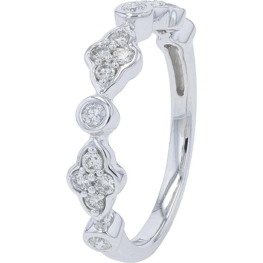 14K White Gold Band with Alternating Round Solitaire and Quatrefoil Diamond Clusters - 0.33 Carat Total Diamond Weight
