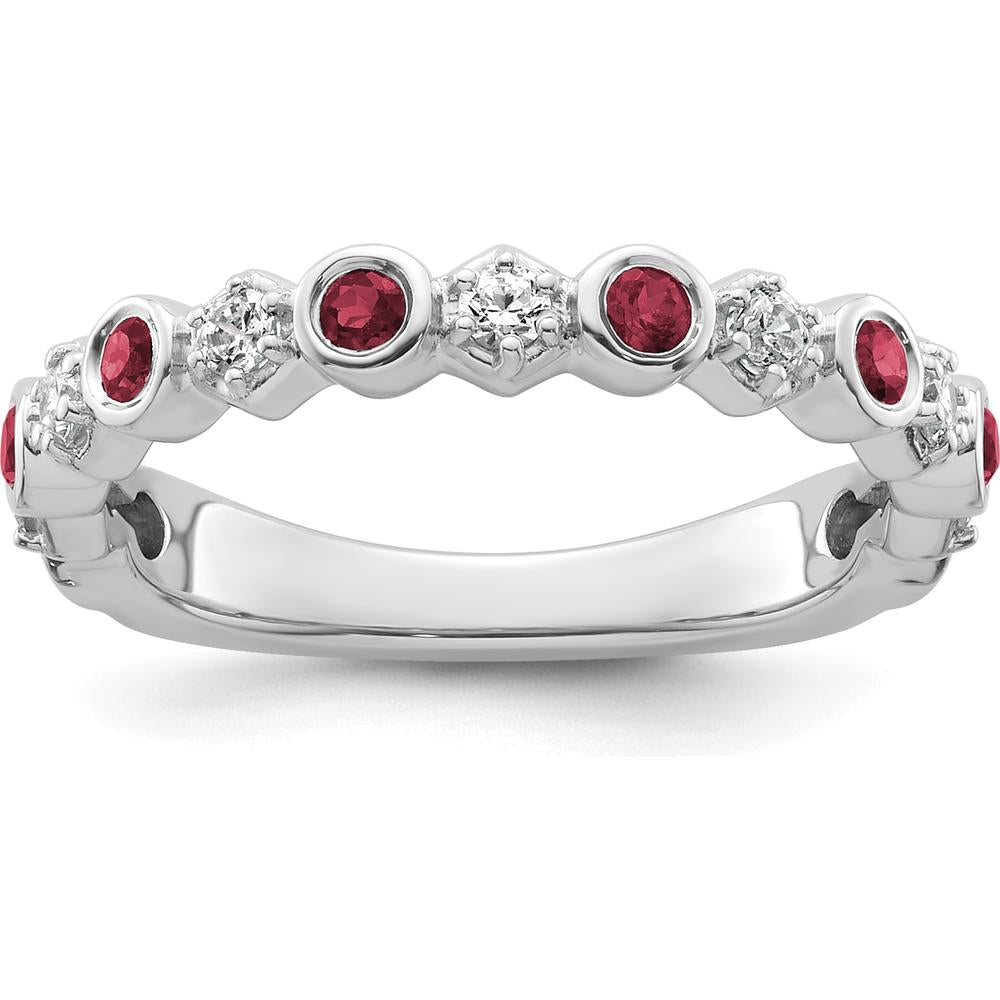 14K White Gold Band with Bezel Set Round Rubies and Diamonds - Polished Finish by 0