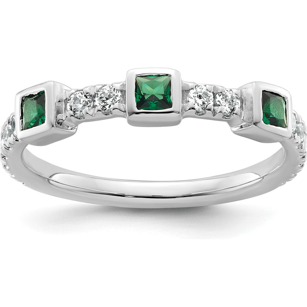14K White Gold Band with Bezel Set Square Emeralds and Prong Set Round Diamonds by 0