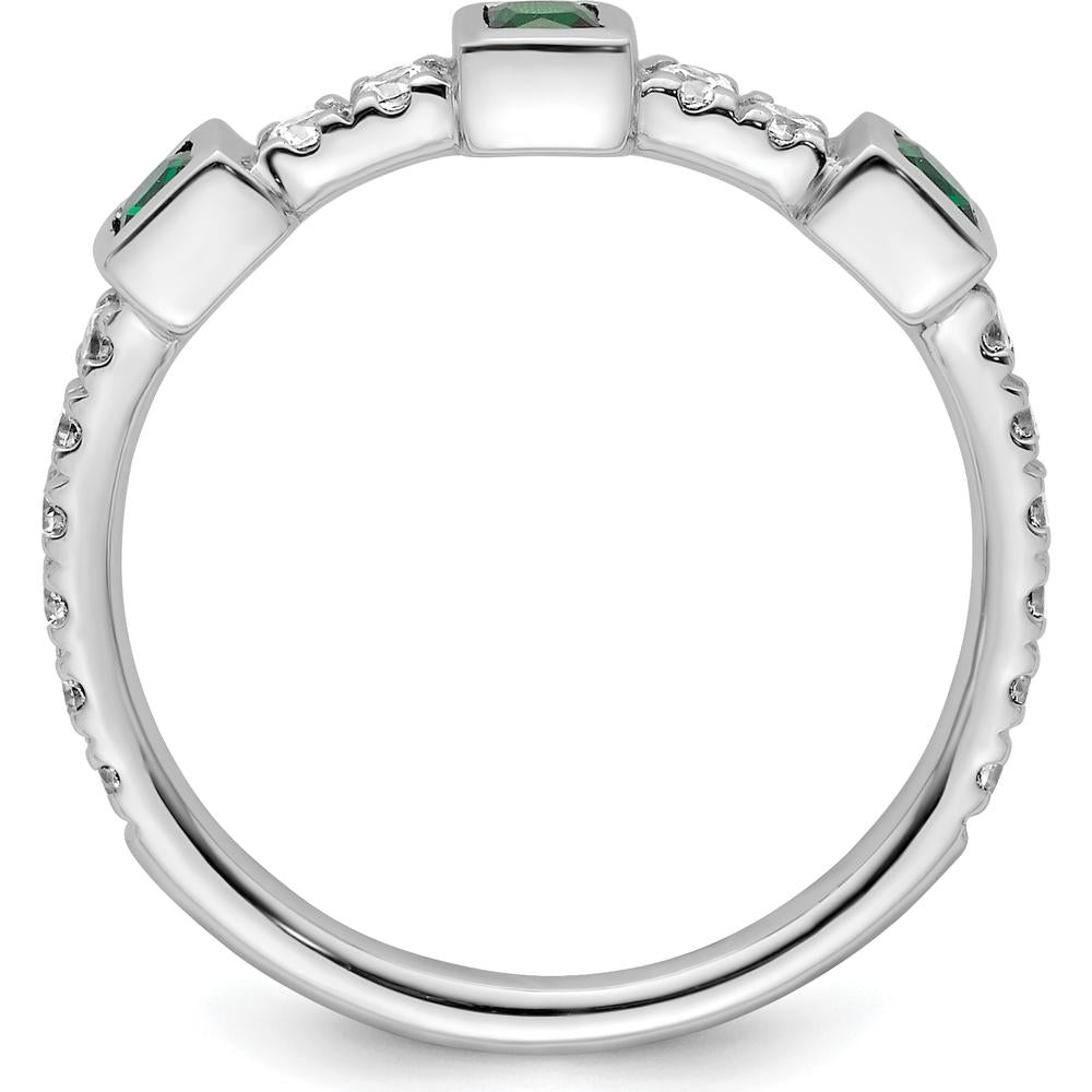14K White Gold Band with Bezel Set Square Emeralds and Prong Set Round Diamonds by 0