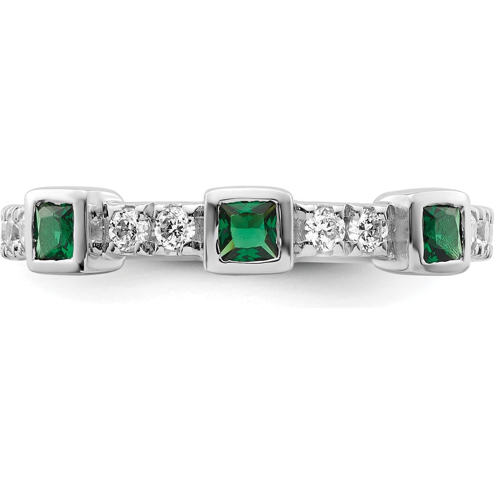 14K White Gold Band with Bezel Set Square Emeralds and Prong Set Round Diamonds by 0