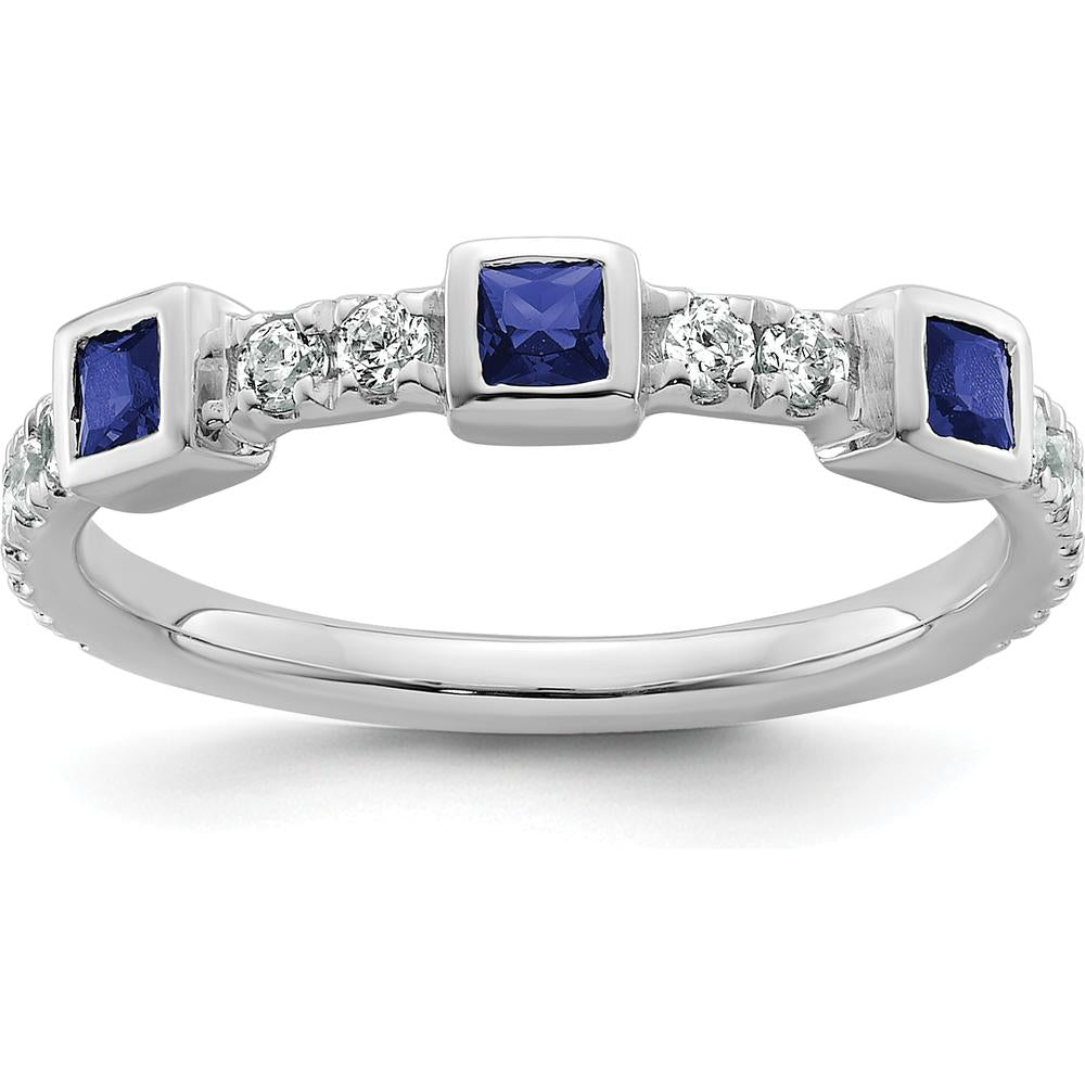 14K White Gold Band with Bezel-Set Square Sapphires and Round Prong-Set Diamonds by 0