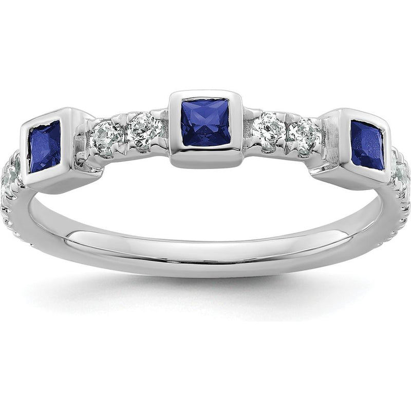 14K White Gold Band with Bezel-Set Square Sapphires and Round Prong-Set Diamonds by 0