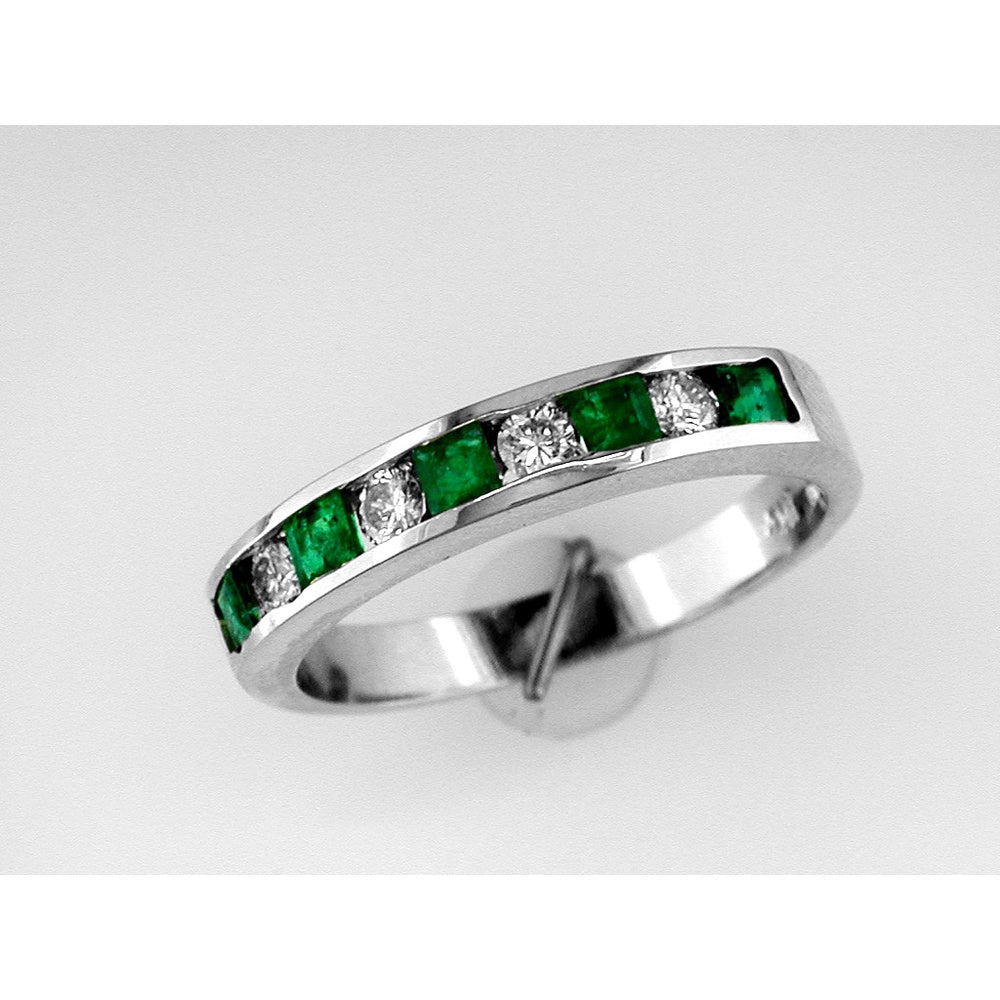 14K White Gold Band with Channel Set Princess Cut Emeralds and Round Diamonds - 0.40 Carat Emerald and 0.24 Carat Diamond Total Weight - Royal Jewelry