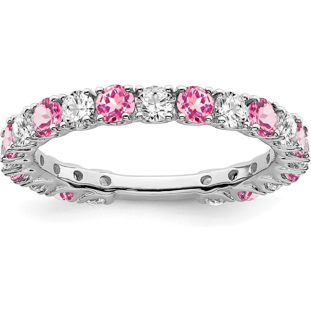 14K White Gold Band with Lab-Created Pink Sapphire and Round Diamonds - 0.16 Carat Total Gemstone Weight by 0
