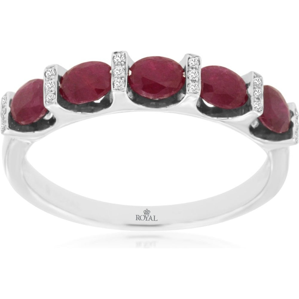 14K White Gold Band with Oval Rubies and Diamond Accent Bars - 1.20 Carat Total Ruby Weight - Royal Jewelry