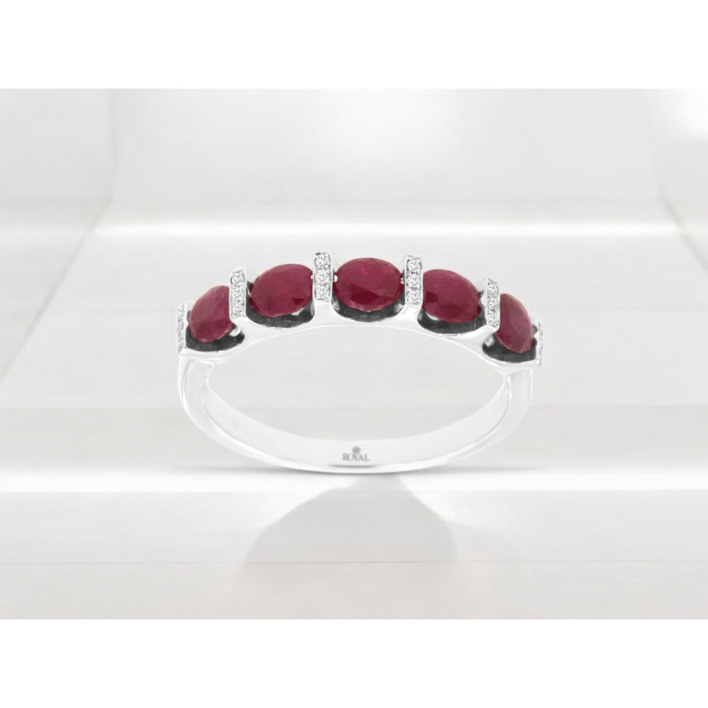 14K White Gold Band with Oval Rubies and Diamond Accent Bars - 1.20 Carat Total Ruby Weight - Royal Jewelry