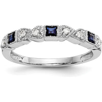 14K White Gold Band with Princess-Cut Blue Sapphires and Round Diamonds - 0.10 Carat Total Gem Weight by 0