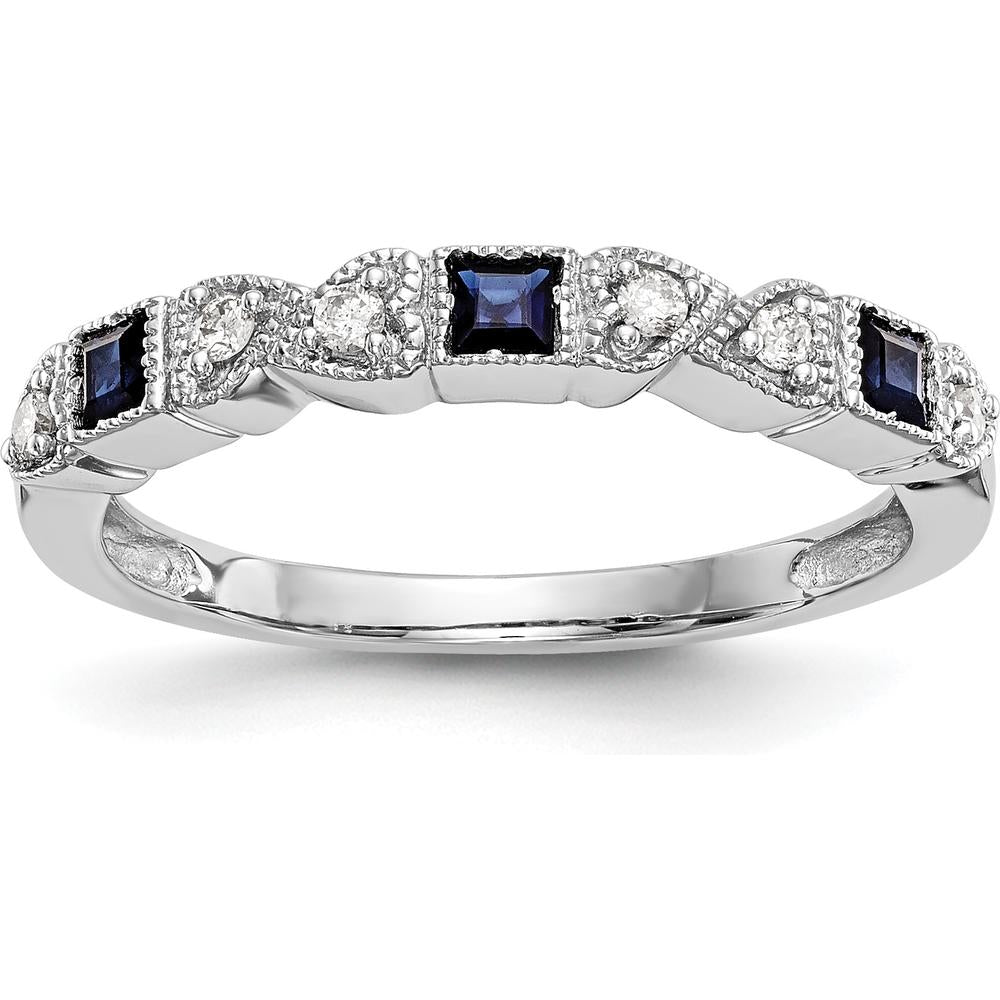 14K White Gold Band with Princess-Cut Blue Sapphires and Round Diamonds - 0.10 Carat Total Gem Weight by 0
