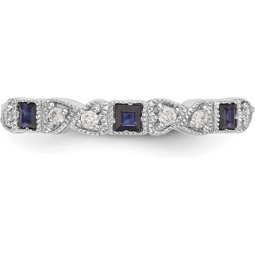 14K White Gold Band with Princess-Cut Blue Sapphires and Round Diamonds - 0.10 Carat Total Gem Weight by 0