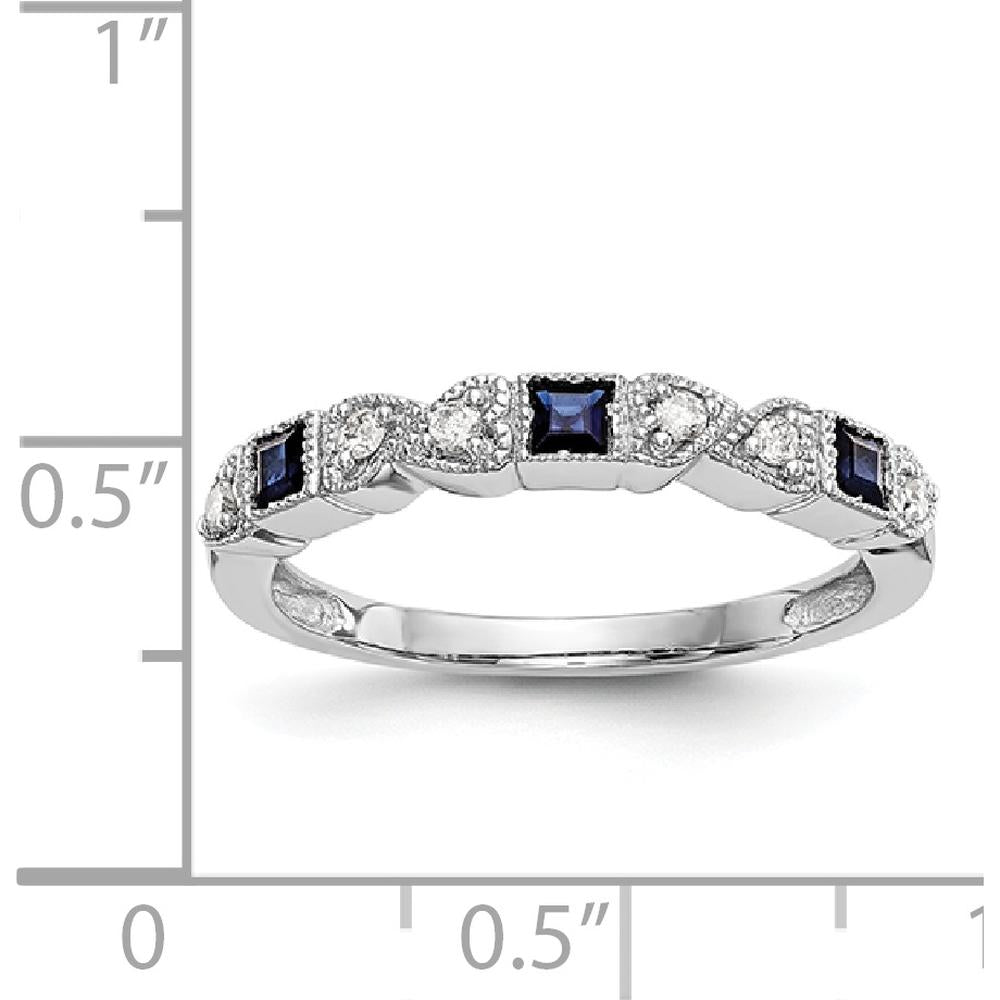 14K White Gold Band with Princess-Cut Blue Sapphires and Round Diamonds - 0.10 Carat Total Gem Weight by 0