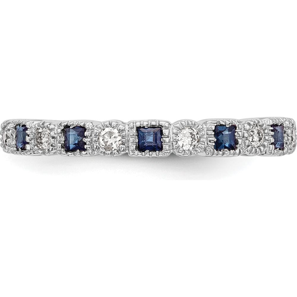 14K White Gold Band with Princess Cut Blue Sapphires and Round Diamonds - 0.10 Carat Total Gem Weight by 0