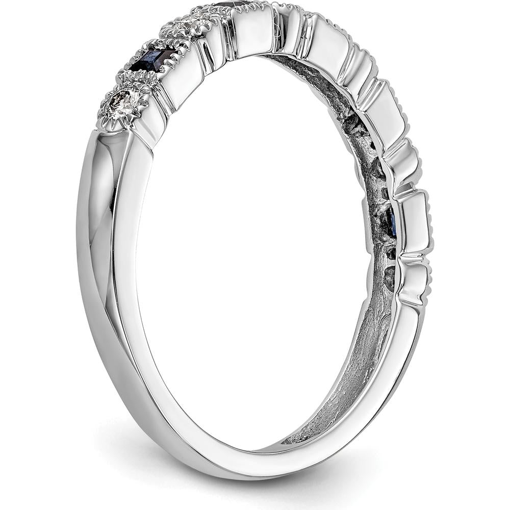 14K White Gold Band with Princess Cut Blue Sapphires and Round Diamonds - 0.10 Carat Total Gem Weight by 0