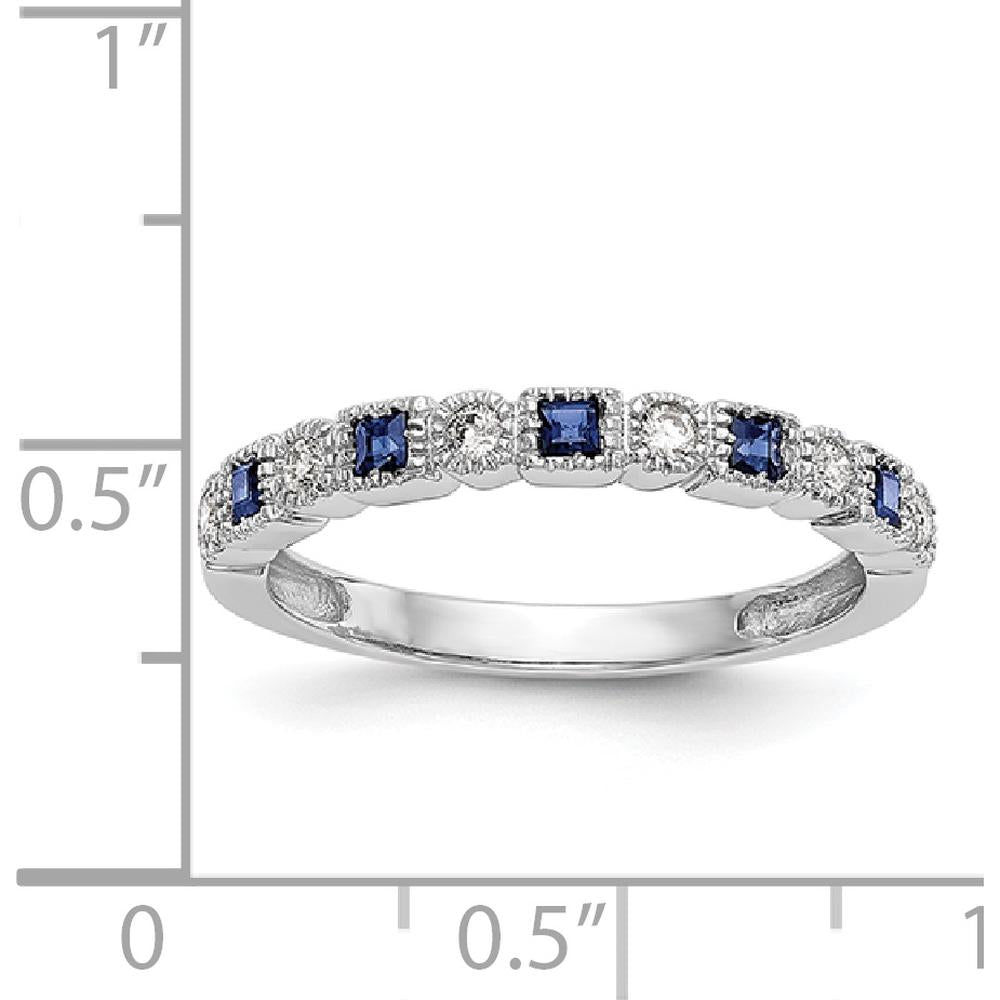 14K White Gold Band with Princess Cut Blue Sapphires and Round Diamonds - 0.10 Carat Total Gem Weight by 0