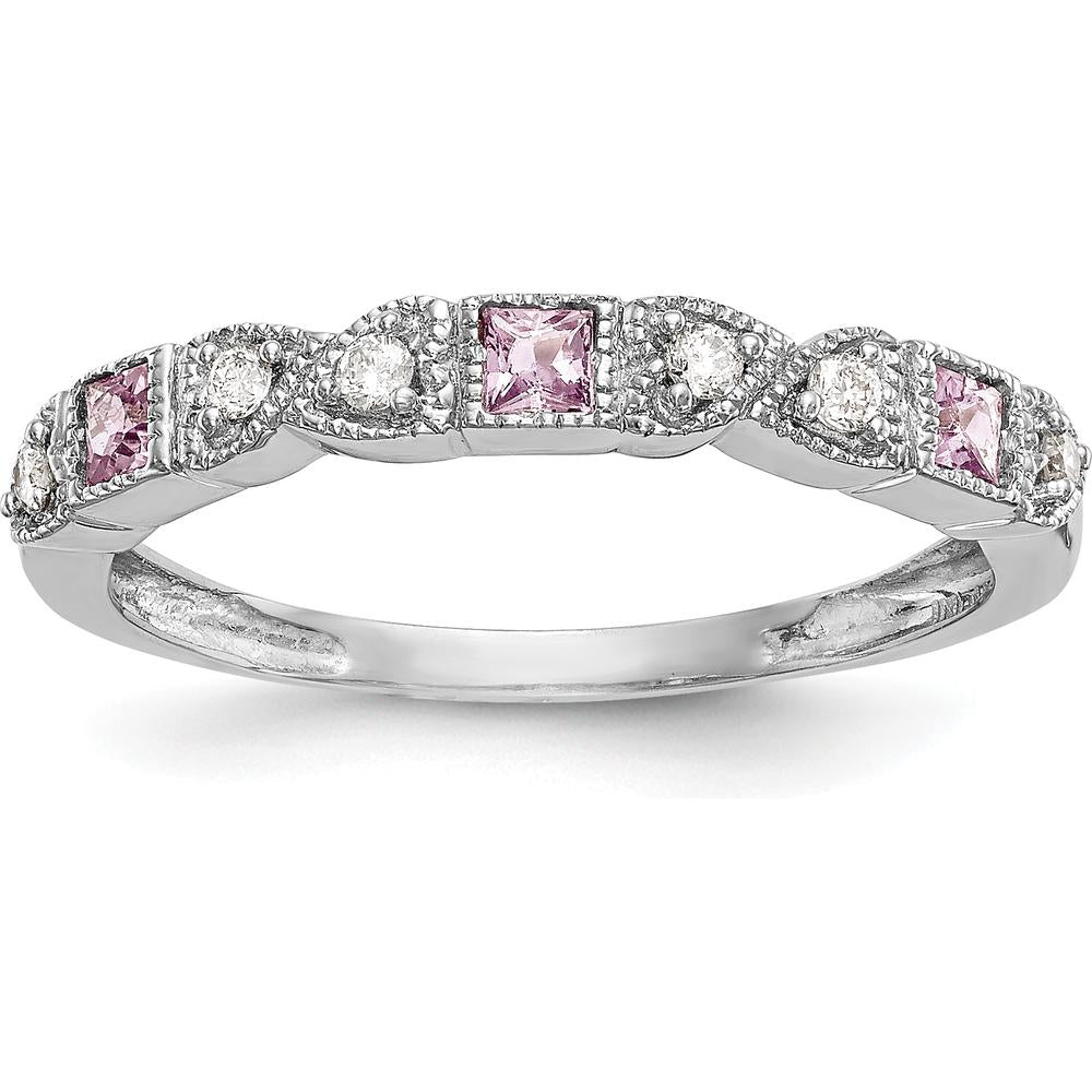 14K White Gold Band with Princess Cut Pink Sapphires and Round Diamonds - 0.095 Carat Total Gem Weight by 0