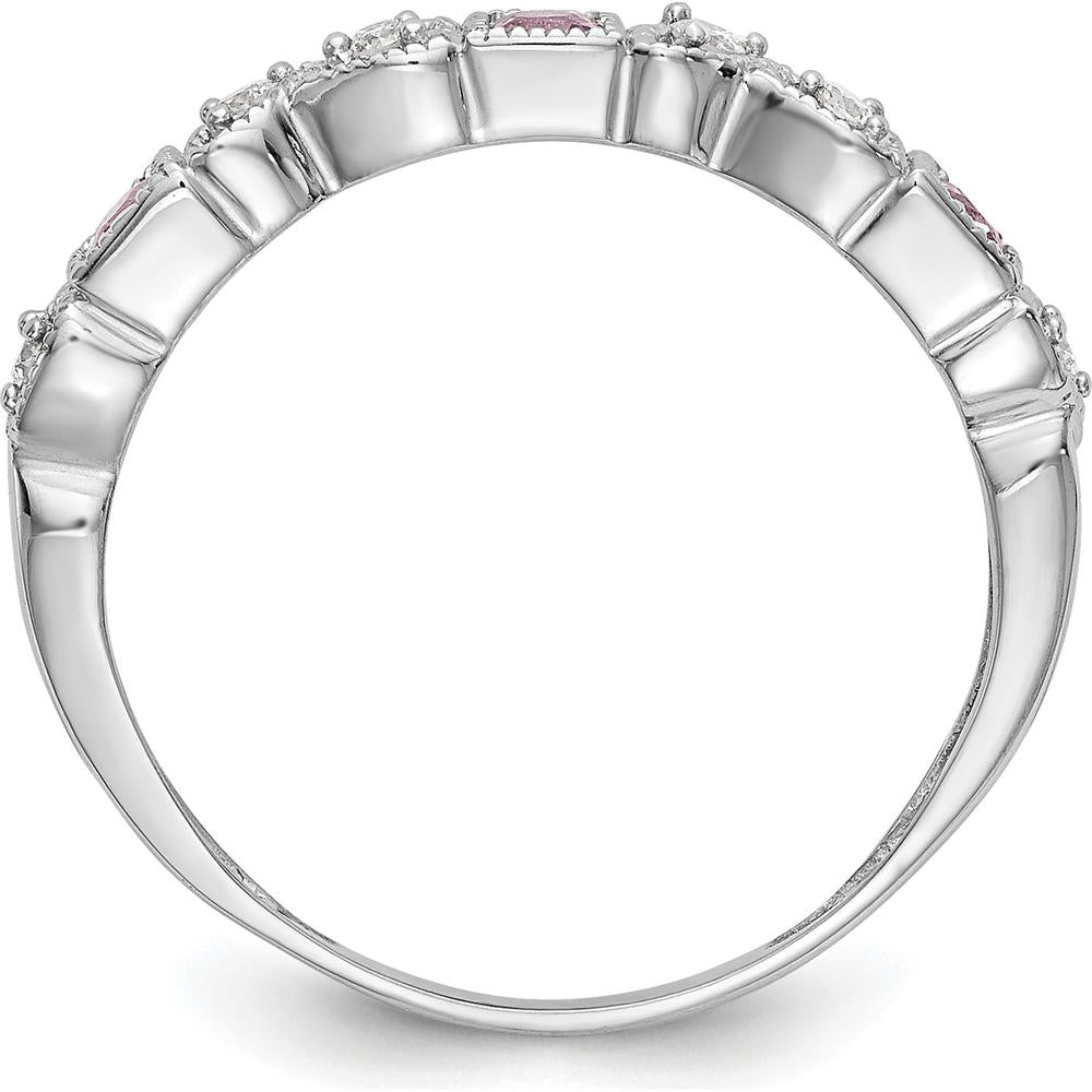 14K White Gold Band with Princess Cut Pink Sapphires and Round Diamonds - 0.095 Carat Total Gem Weight by 0