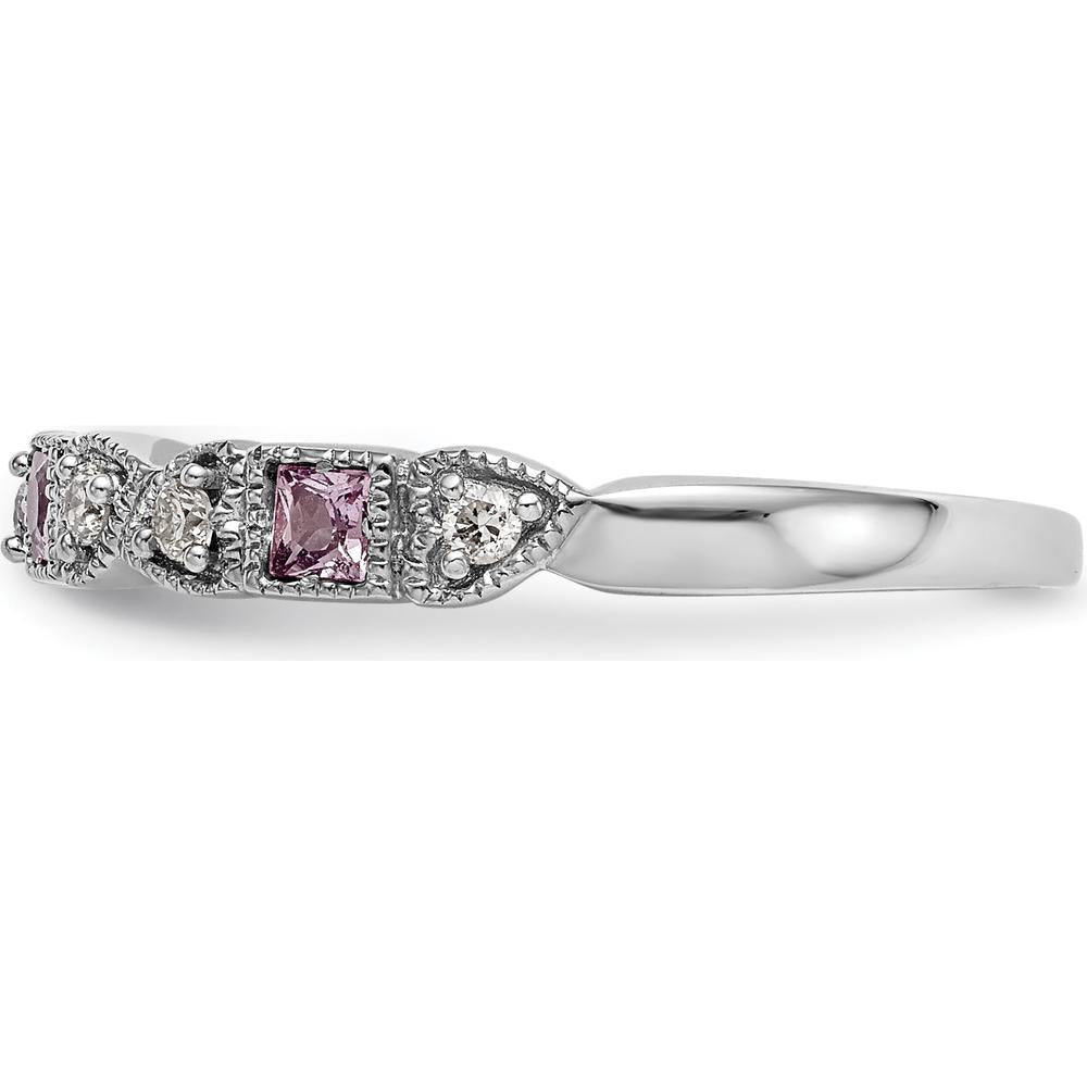 14K White Gold Band with Princess Cut Pink Sapphires and Round Diamonds - 0.095 Carat Total Gem Weight by 0