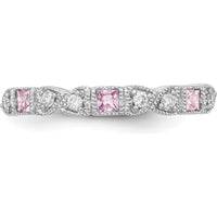 14K White Gold Band with Princess Cut Pink Sapphires and Round Diamonds - 0.095 Carat Total Gem Weight by 0