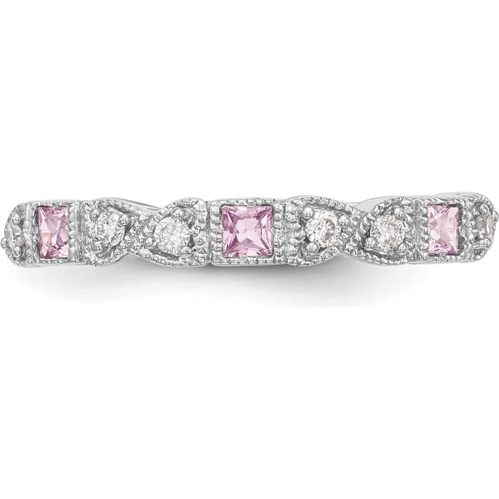 14K White Gold Band with Princess Cut Pink Sapphires and Round Diamonds - 0.095 Carat Total Gem Weight by 0