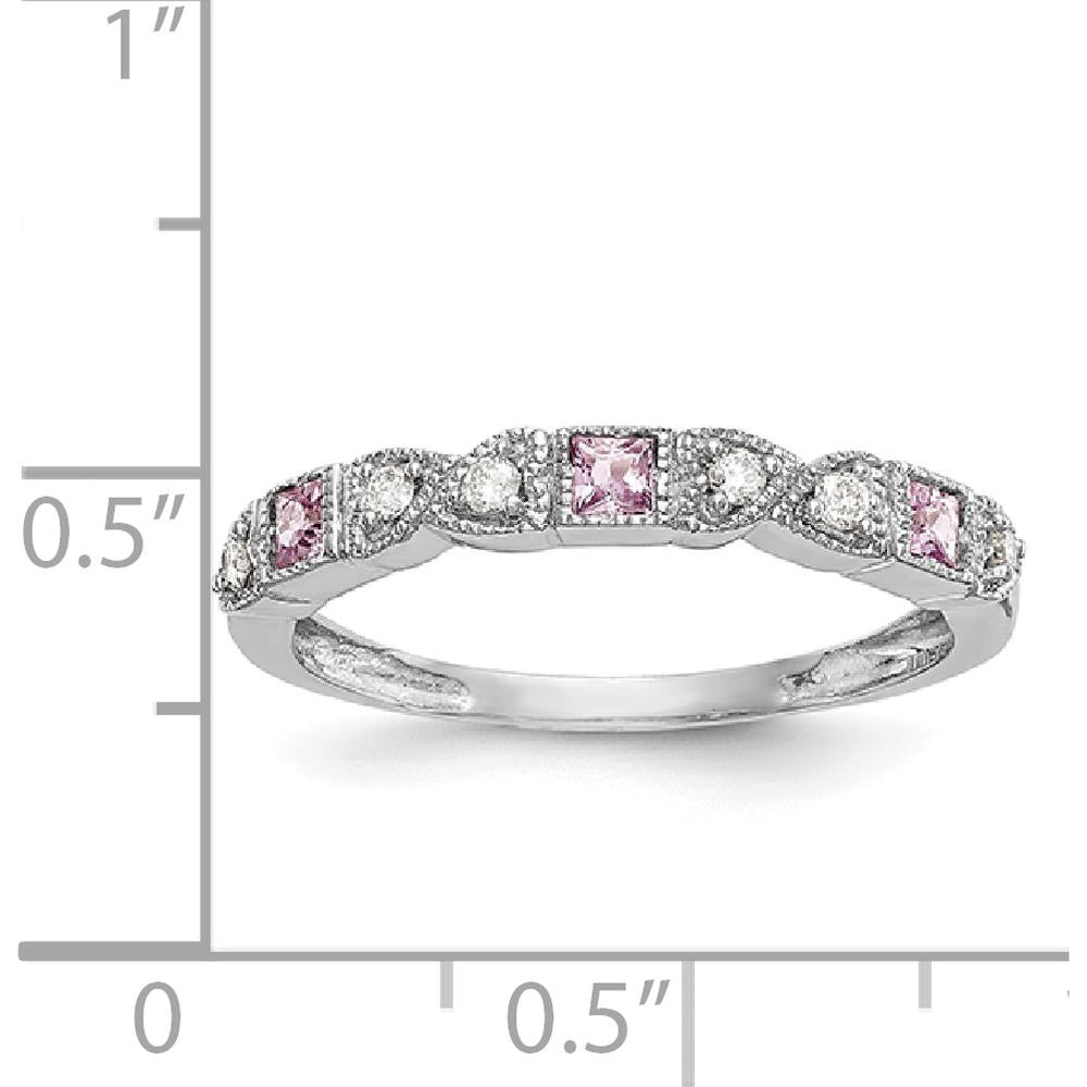14K White Gold Band with Princess Cut Pink Sapphires and Round Diamonds - 0.095 Carat Total Gem Weight by 0