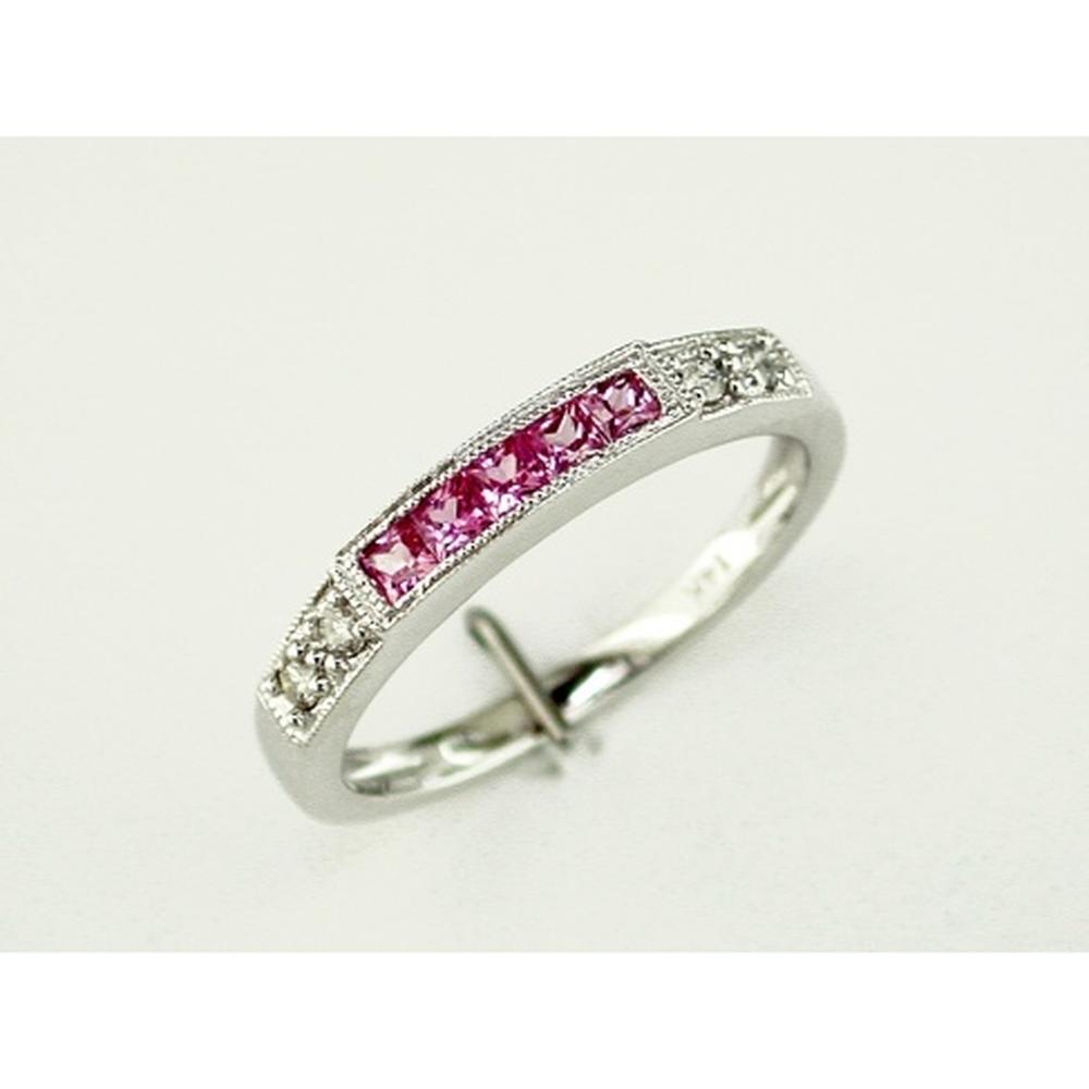14K White Gold Band with Princess Cut Pink Sapphires and Round Diamonds - 0.41 Carats Total Gem Weight