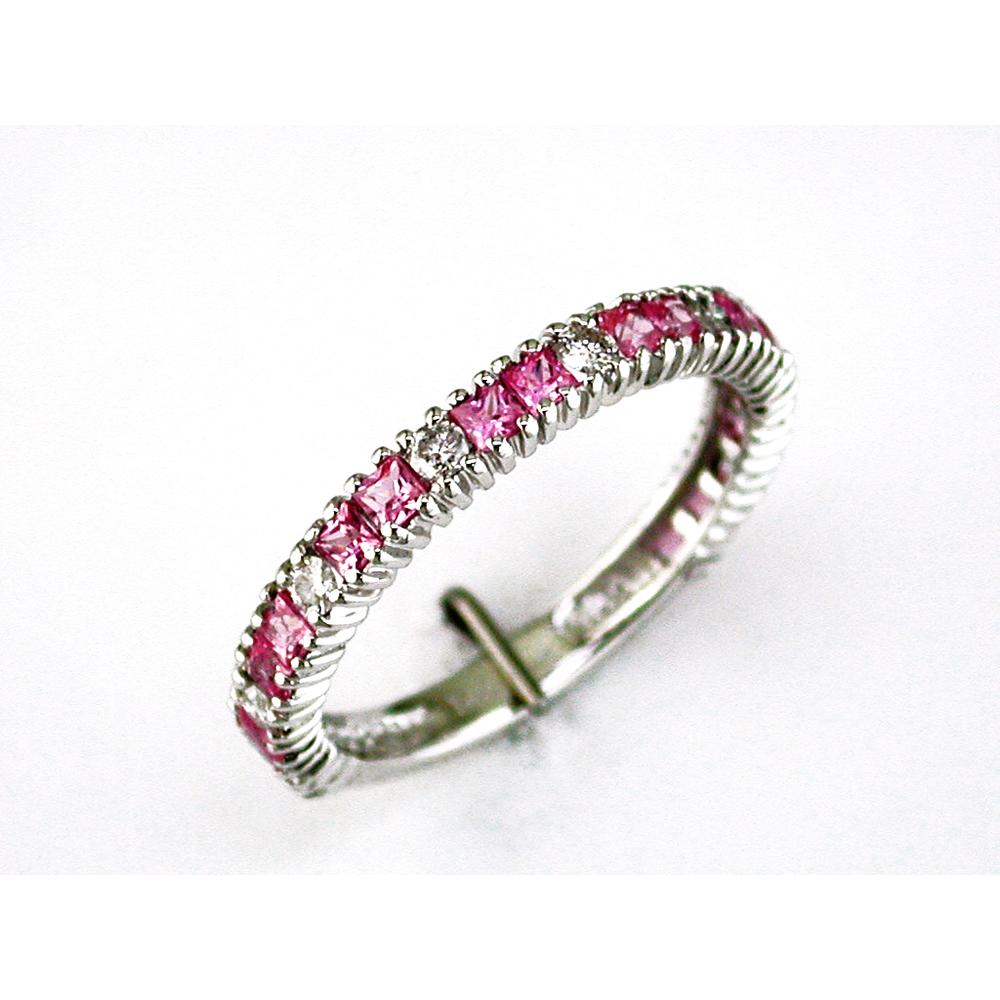 14K White Gold Band with Princess Cut Pink Sapphires and Round Diamonds - 1.0 Carats Total Gemstone Weight