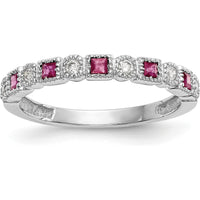 14K White Gold Band with Princess Cut Rubies and Round Diamonds - 0.04 Carat Ruby, 0.015 Carat Diamond Total Weight by 0