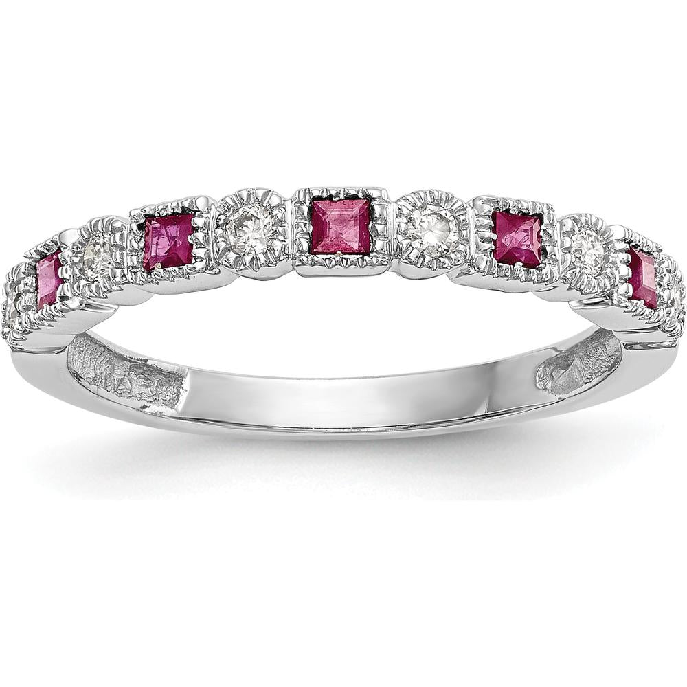 14K White Gold Band with Princess Cut Rubies and Round Diamonds - 0.04 Carat Ruby, 0.015 Carat Diamond Total Weight by 0